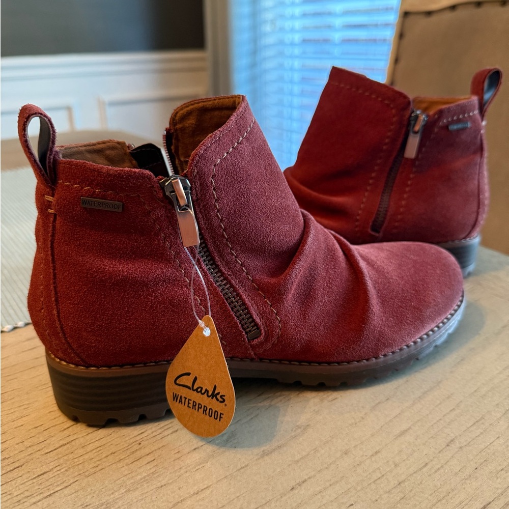 Clarks Burgundy Suede Ankle Booties